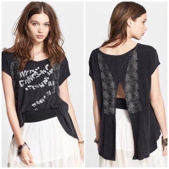 Free People We the Free Black Gray Grunge Rhinestone Open Back Shirt - Picture 1 of 13